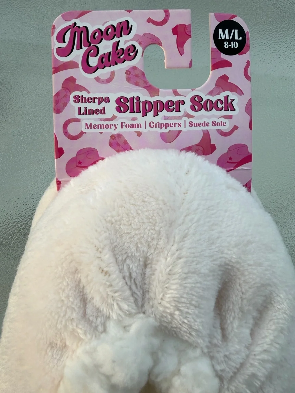 Moon Cake Smiley Face Western-Themed Fuzzy Slipper Socks ~ Women’s M/L (8-10)